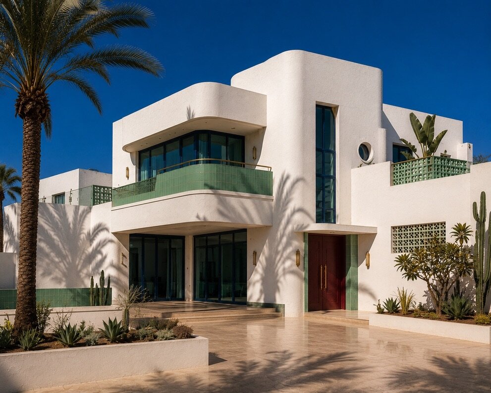 Villa moderniste blanche de Casablanca, balcons de zellige vert d'eau, porte rouge sombre, grand palmier et ombres portées sur la façade