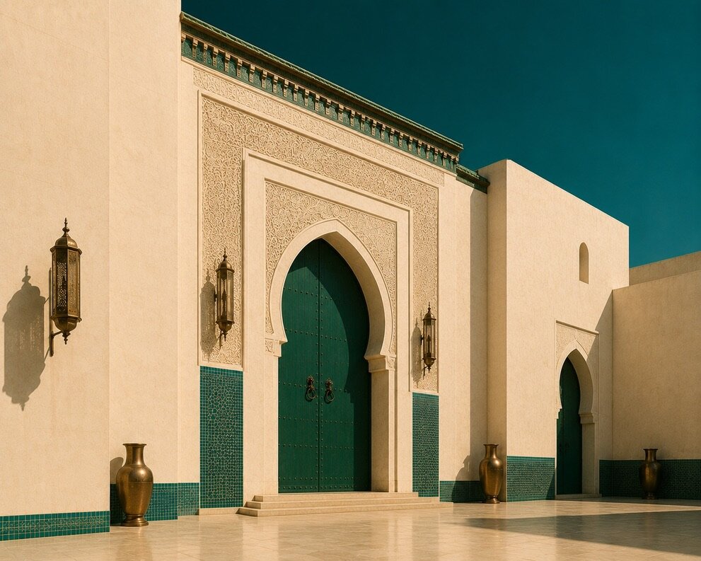 Large Moroccan green door framed by carved stone, zellige panels and brass lanterns.
