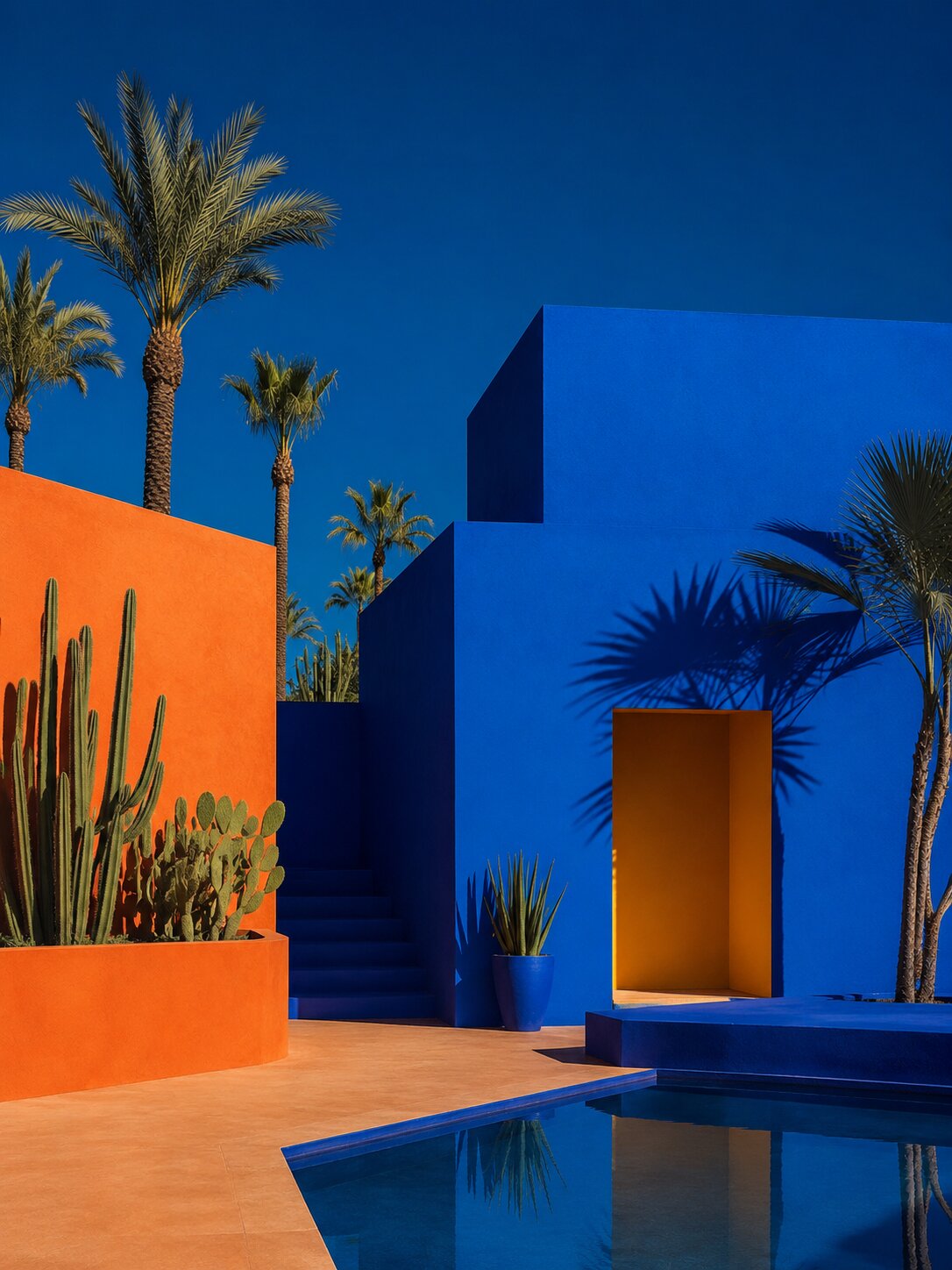 Contemporary villa, monumental cobalt blue wall, pool reflection, palms and cacti, architectural shadow play