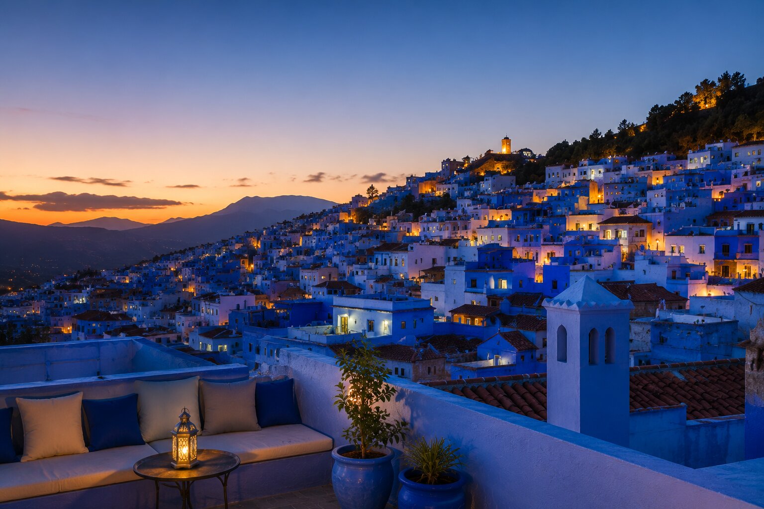 Chefchaouen illuminated at dusk from a terrace, with the Rif mountains on the horizon.