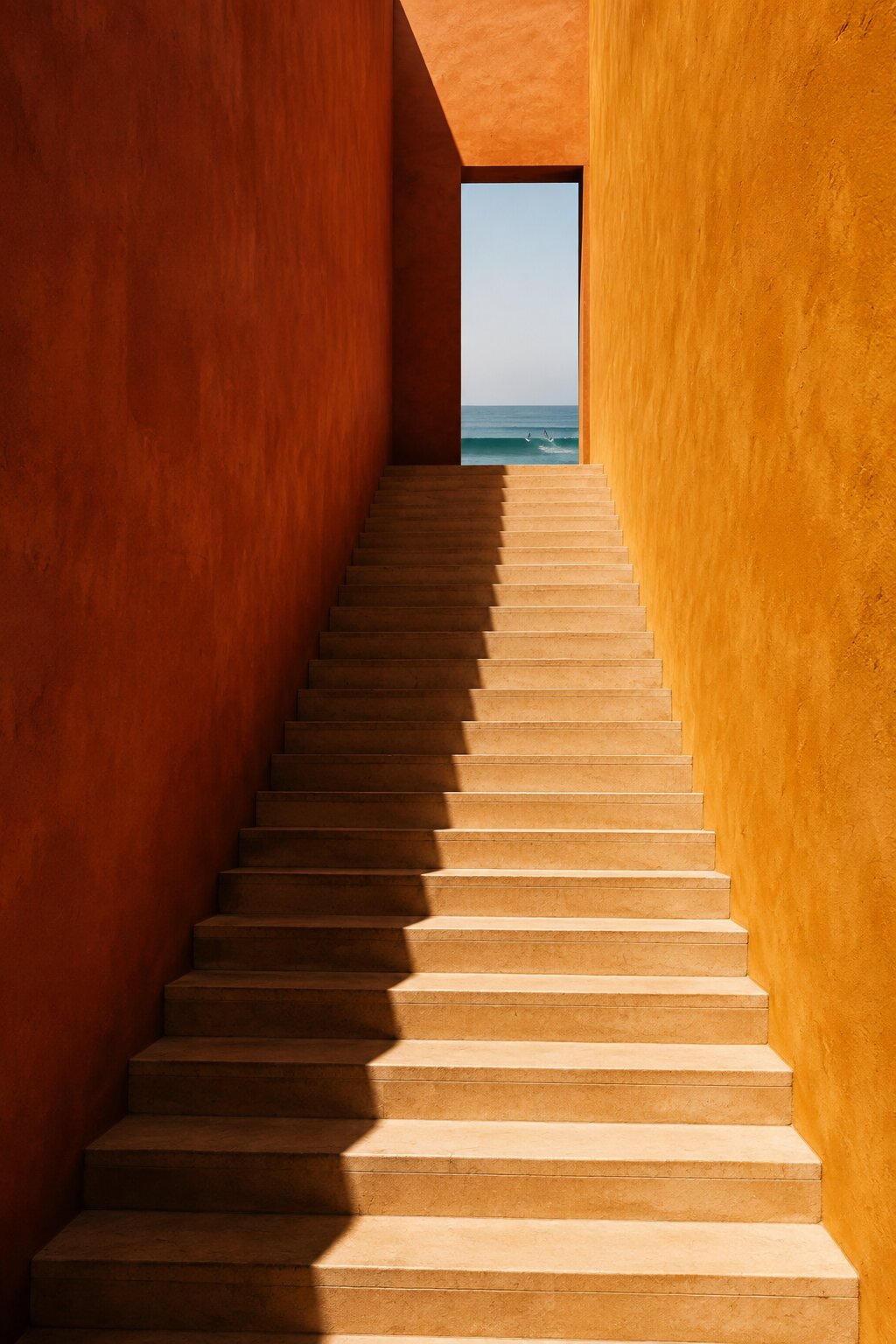 Escalier abrupt entre murs safran et terracotta, avec mer bleu-vert au sommet.