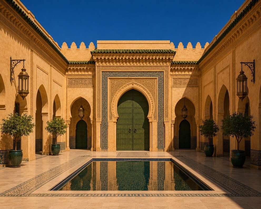 Patio impérial symétrique avec bassin réfléchissant, arcades et grande porte verte.