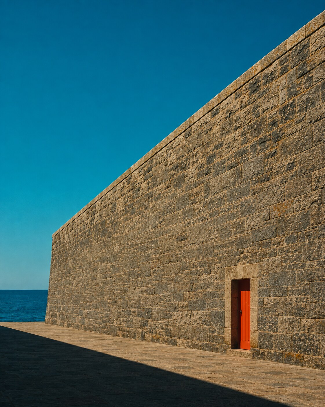 Immense rempart de Saint-Malo en granit s'étendant en diagonale sous un ciel bleu clair, une petite porte corail seule à la base.