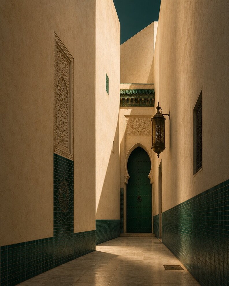 Passage étroit de la médina aux murs ocre, zelliges verts et lumière géométrique.