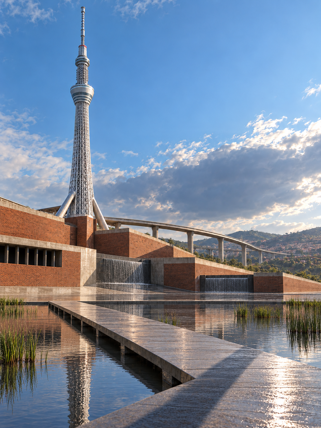 Tokyo Skytree rising above red-brick terraces, walkways and rainwater basins arranged across a hilly landscape.