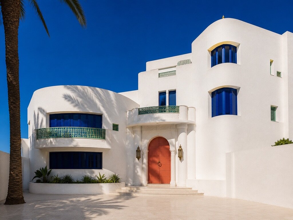 Villa blanche contemporaine aux courbes douces, porte terracotta, balcons vert d'eau et grand palmier dans la lumière