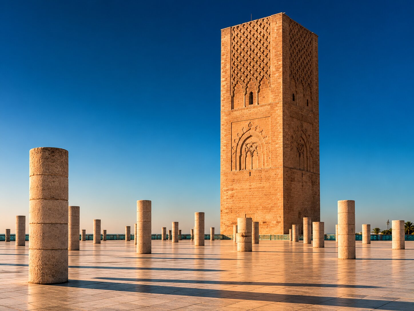 Rabat’s Hassan Tower lit by the sun and surrounded by columns on its esplanade.