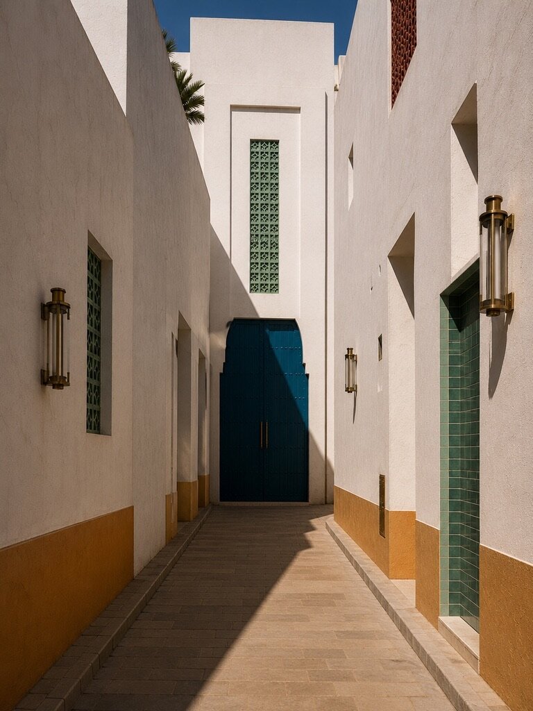 Ruelle blanche de Casablanca, porte bleu profond au fond, moucharabiehs vert zellige, appliques de laiton et soubassements ocre