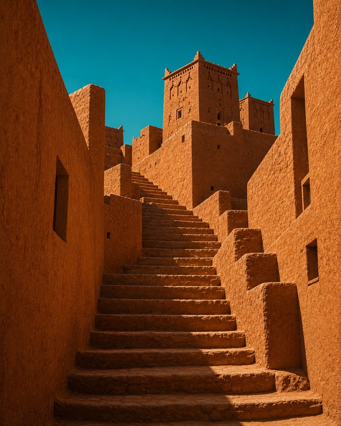 Escalier monumental montant vers les tours d'Aït-Ben-Haddou