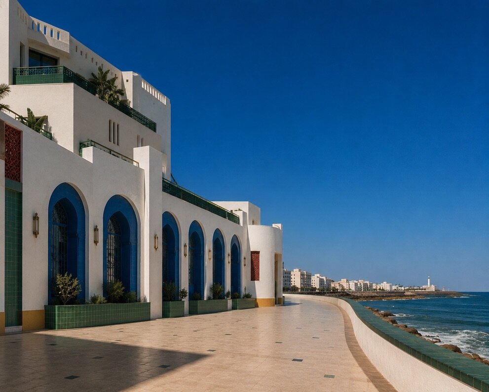 Promenade architecturale de Casablanca face à l'Atlantique, arches bleues successives, jardinières de zellige vert, océan et phare au loin