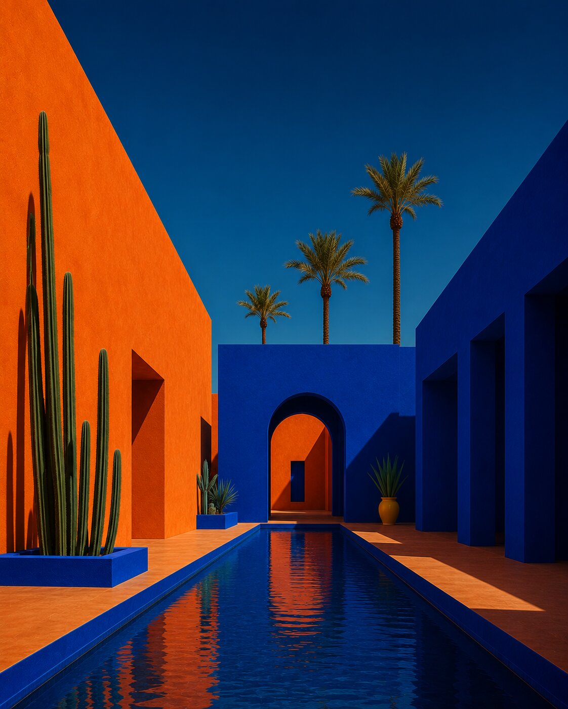 Patio intime de Marrakech, canal d'eau entre un mur orange et une architecture bleue, palmiers, cactus et arche au fond