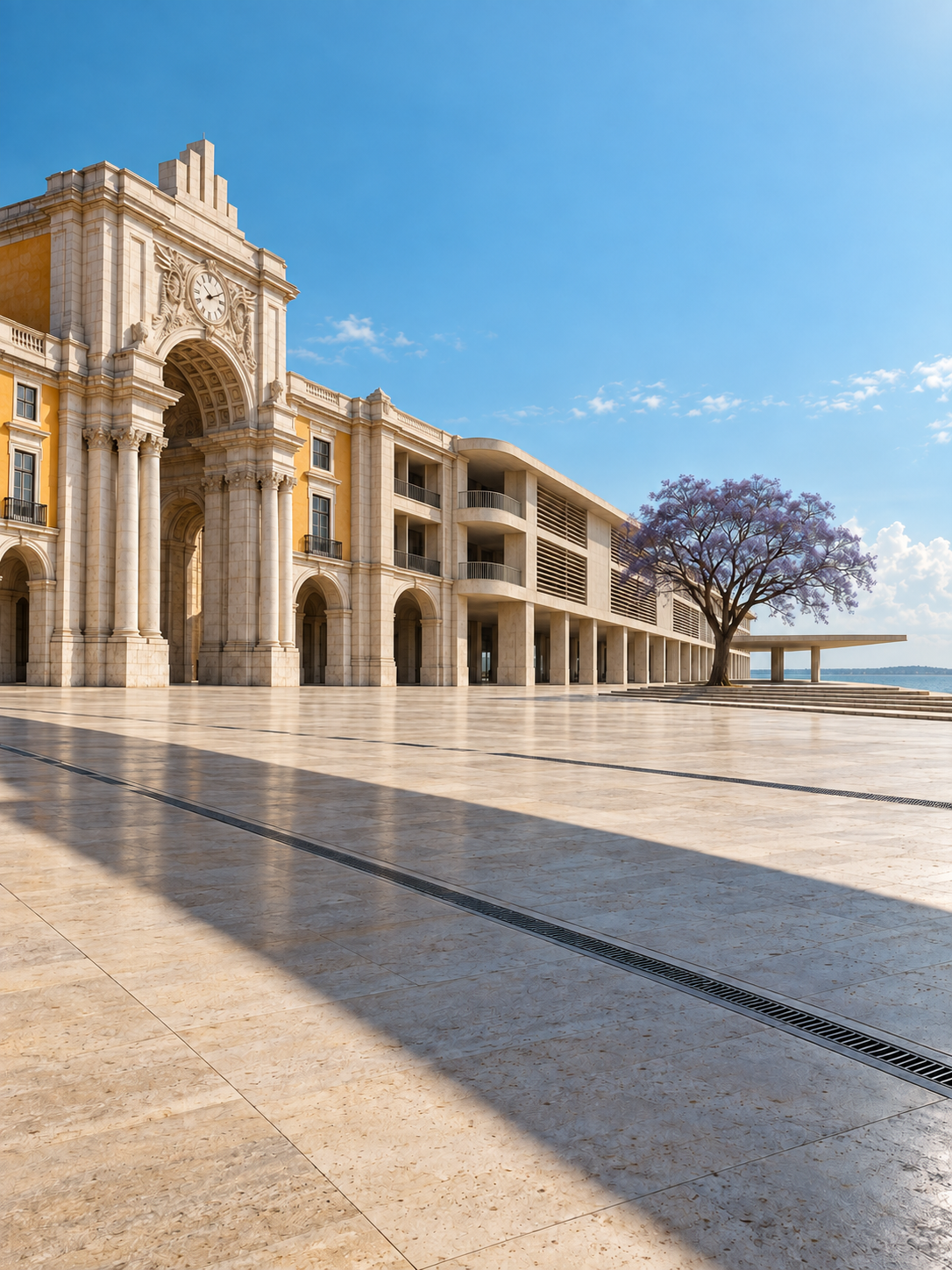 A broad pale-stone square lined with Lisbon arcades adapted to Maputo’s climate, opening toward the ocean and a violet jacaranda.