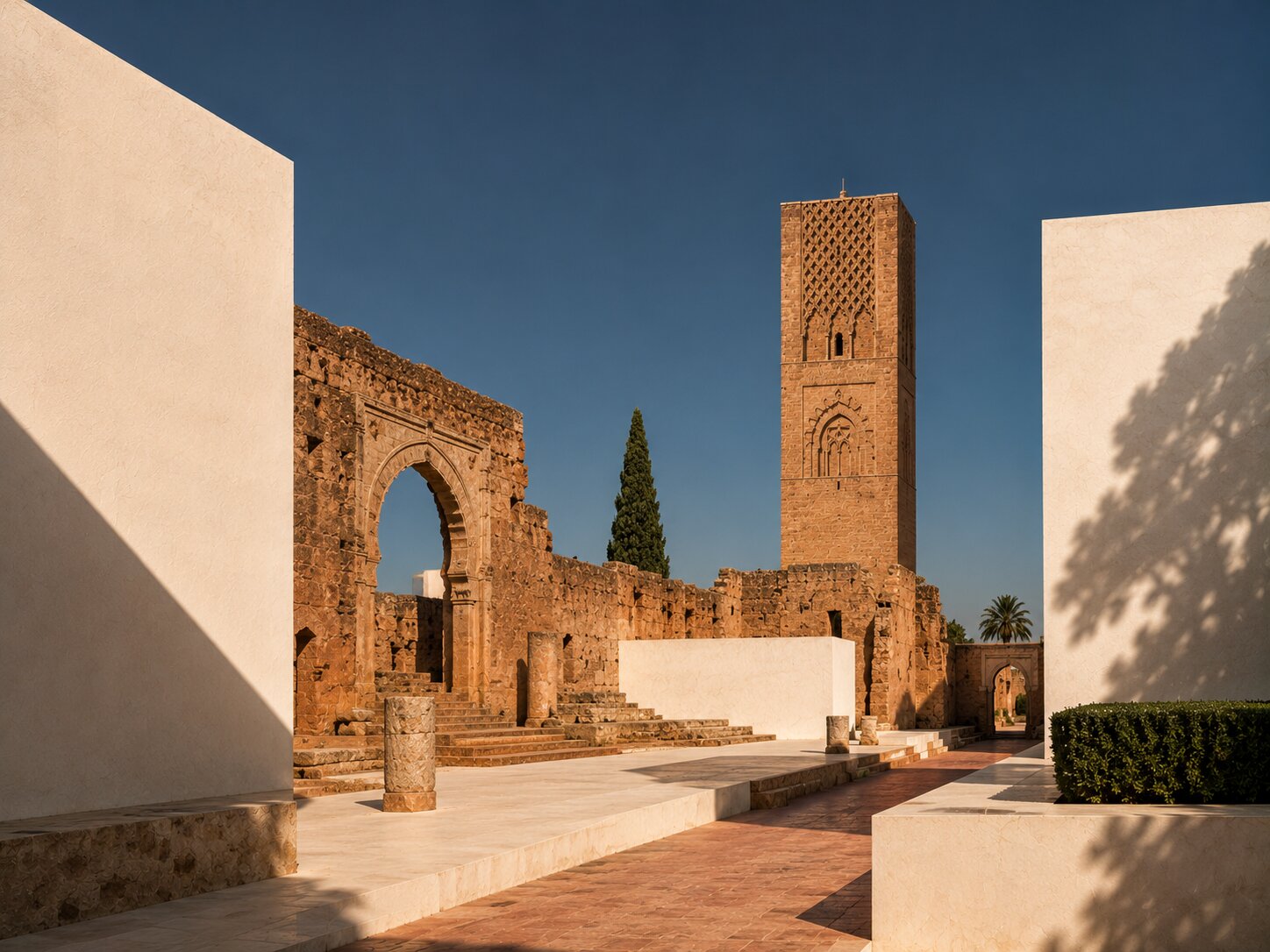 Chellah ruins and the Hassan Tower in Rabat, framed by white walls and golden light.