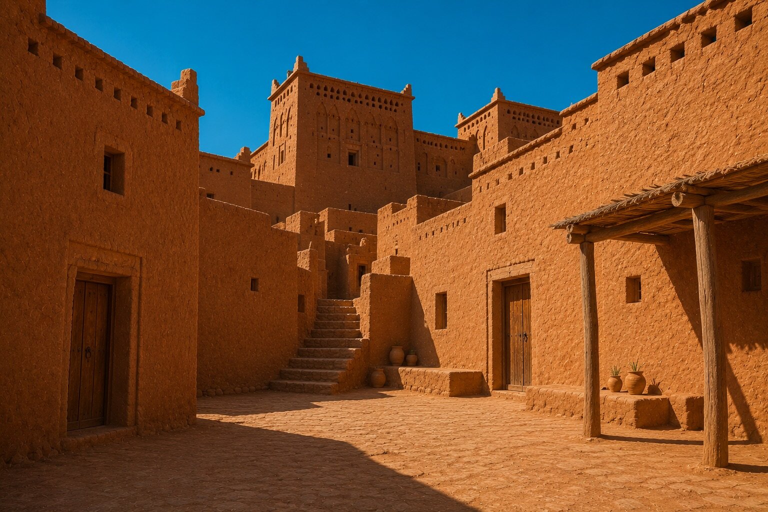 Cour traditionnelle et maisons en terre au cœur d'Aït-Ben-Haddou