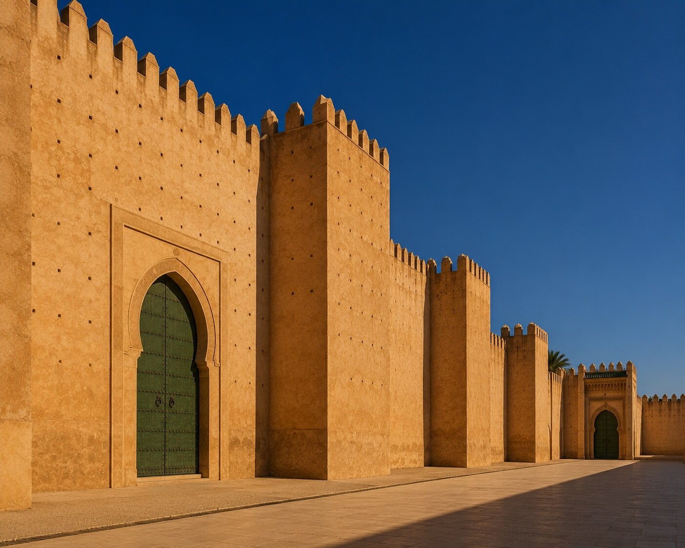 Longue perspective de remparts ocre et portes vertes sous un ciel bleu intense.