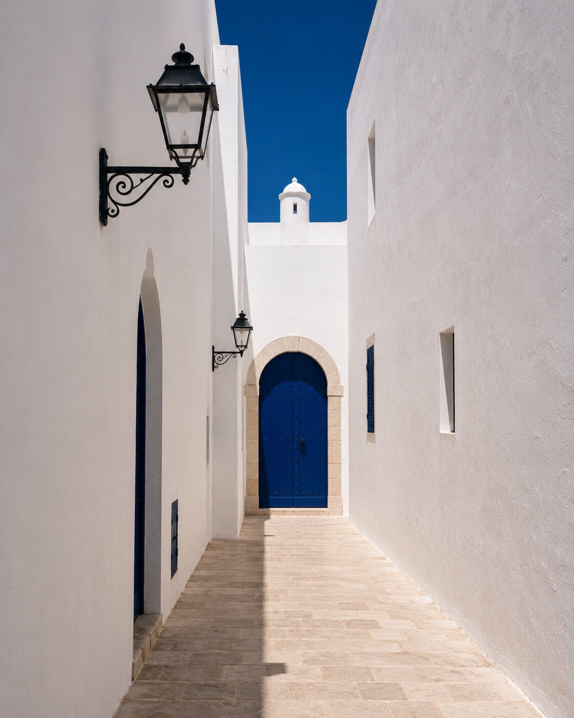 Ruelle étroite d'Essaouira aux murs blancs, lanternes noires et porte cobalt.