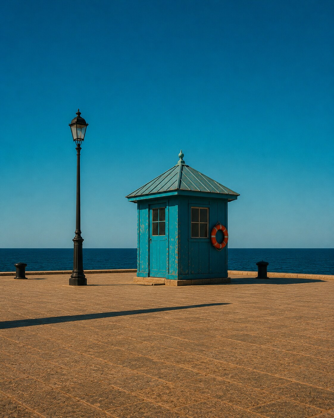 Kiosque turquoise seul sur une vaste esplanade de granit, bouée de sauvetage et lampadaire, l'Atlantique bleu profond derrière.