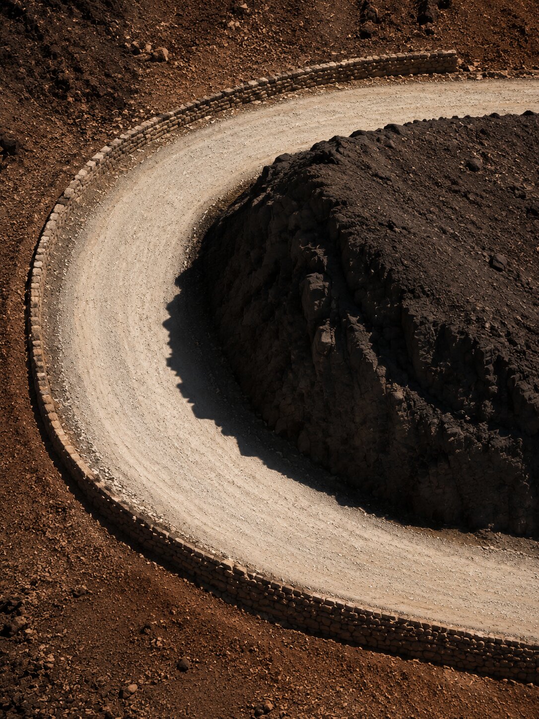 White La Bajada hairpin cutting through dark brown terrain from above.