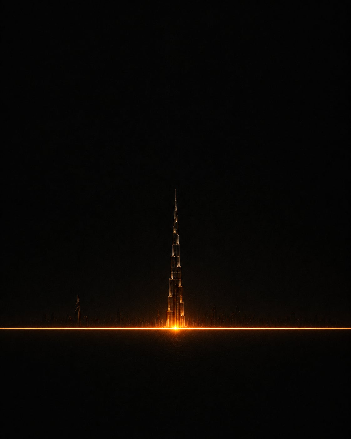 Le Burj Khalifa s'élevant au-dessus d'une ligne lumineuse orange dans un horizon de Dubaï très sombre.