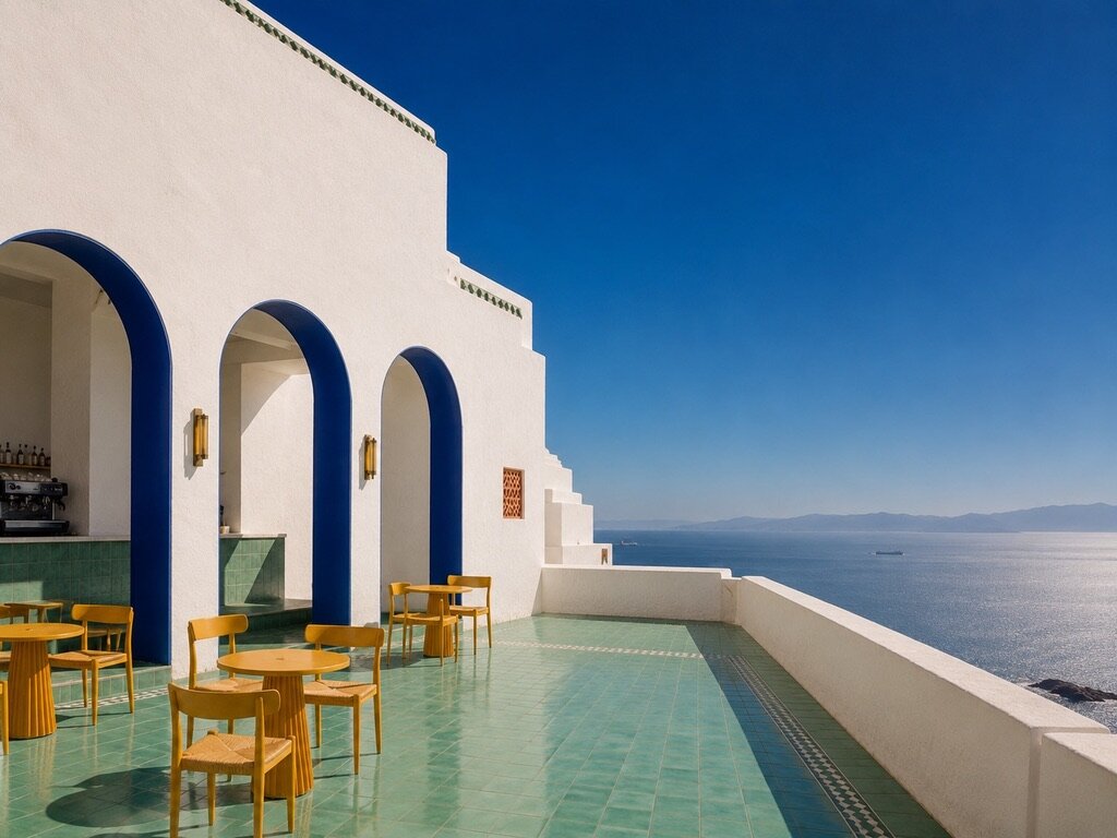 Terrasse de café aux arches bleu cobalt, sol carrelé vert d'eau et mobilier jaune, ouverte sur la mer et le détroit