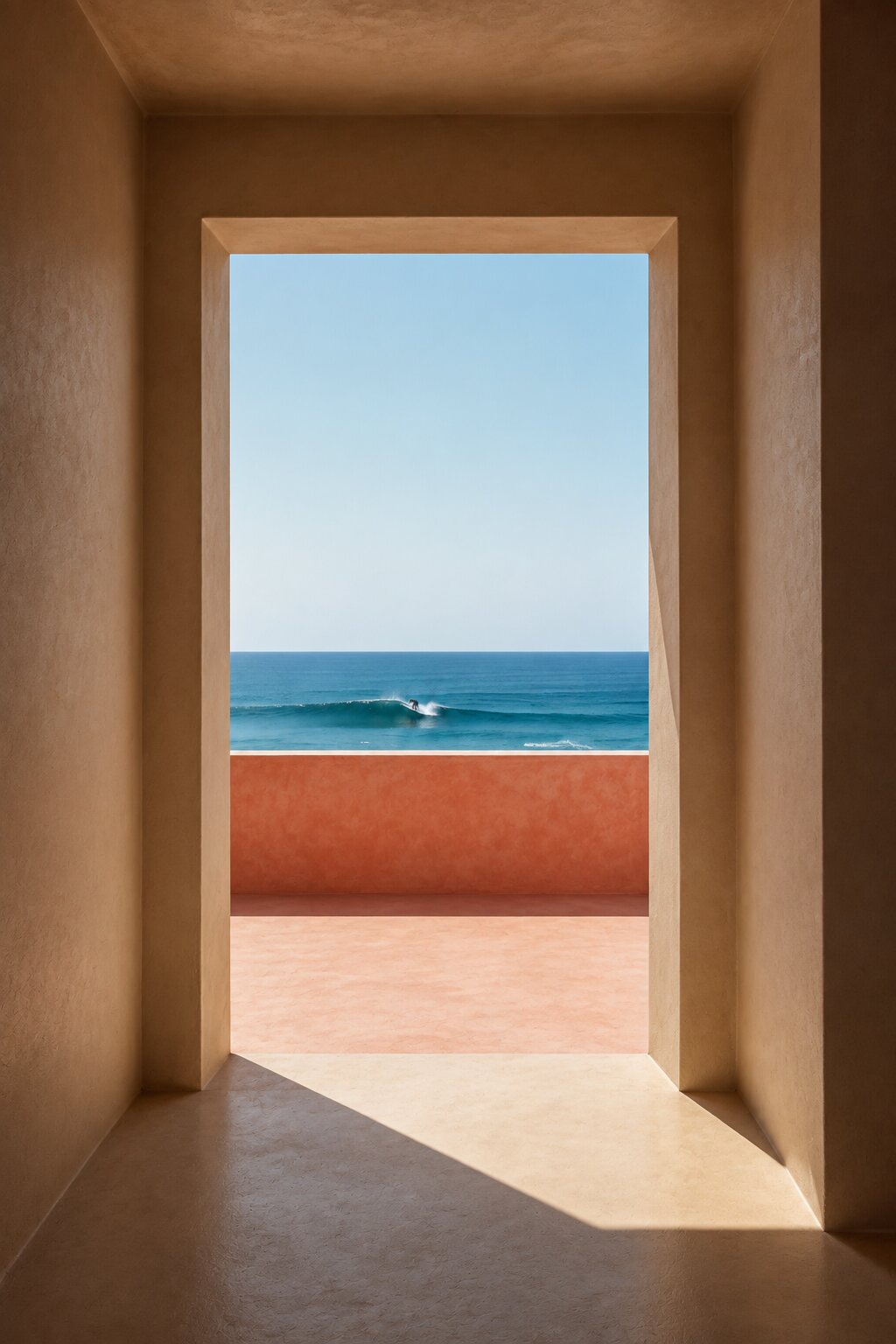 Balcon corail suspendu, volumes ivoire arrondis et mince passage cyan sous la structure.