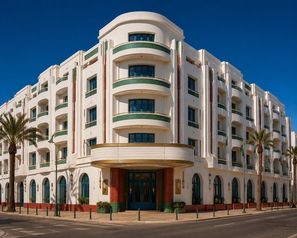 Grand immeuble d'angle Art déco de Casablanca, rotonde blanche, balcons verts, marquise dorée et palmiers le long des deux avenues