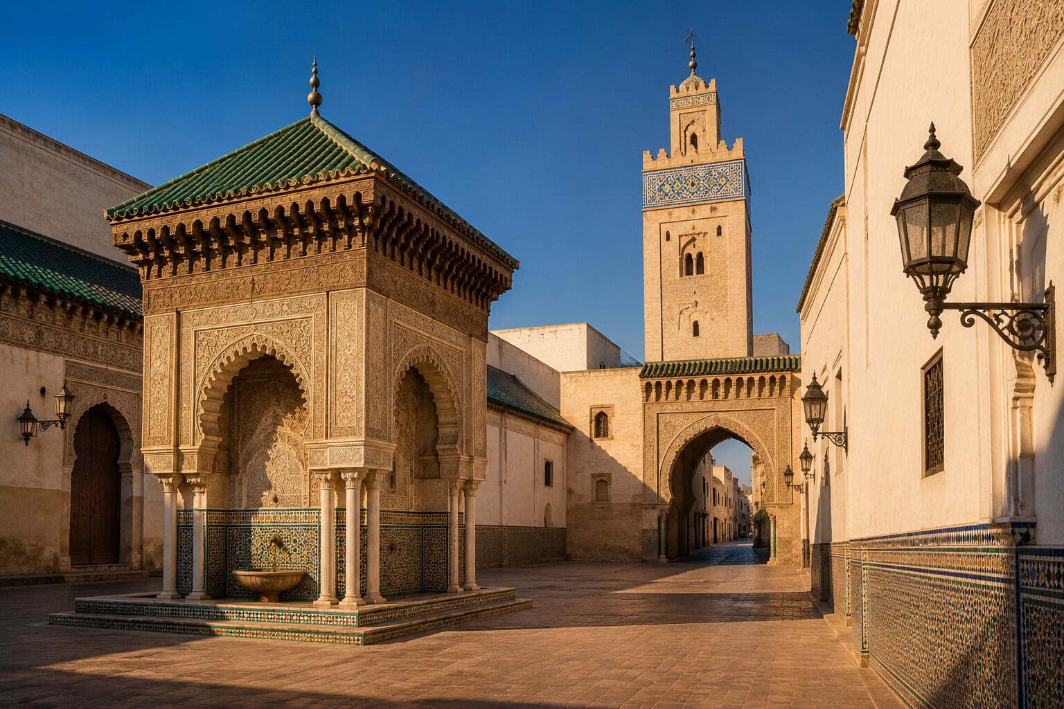 Carved pavilion, zellige fountain and minaret in a historic Rabat courtyard.