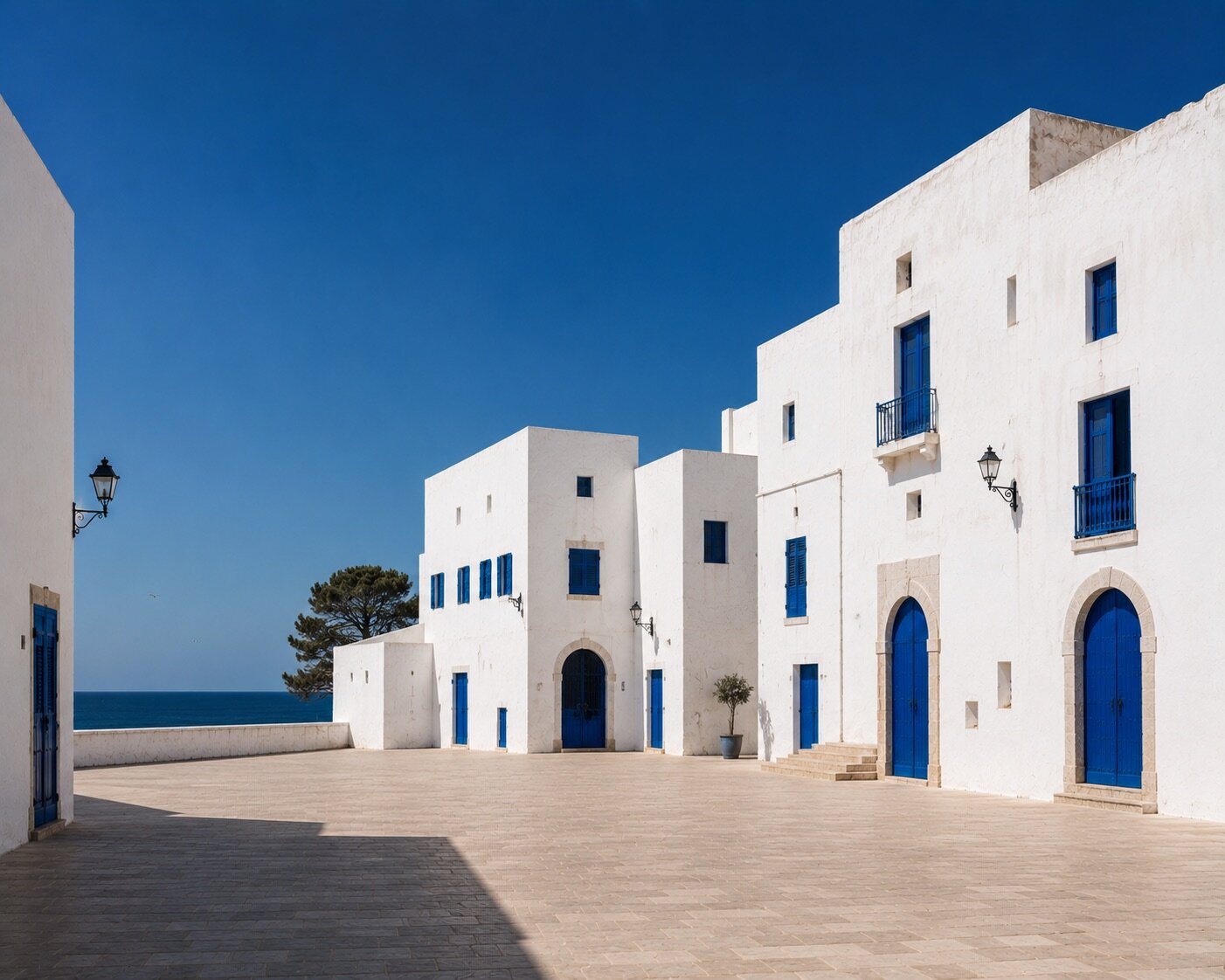 Place lumineuse d'Essaouira bordée de façades blanches et de portes bleues, ouverte vers l'océan.