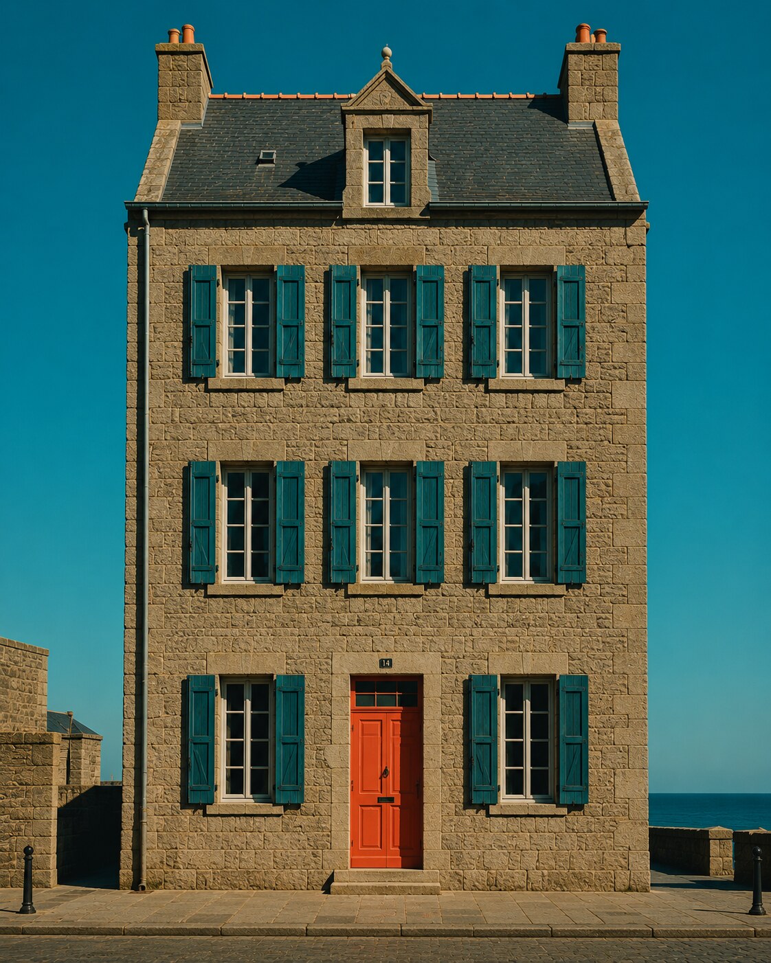 Maison de ville en granit à Saint-Malo avec volets teal et porte corail, centrée contre un ciel bleu clair.