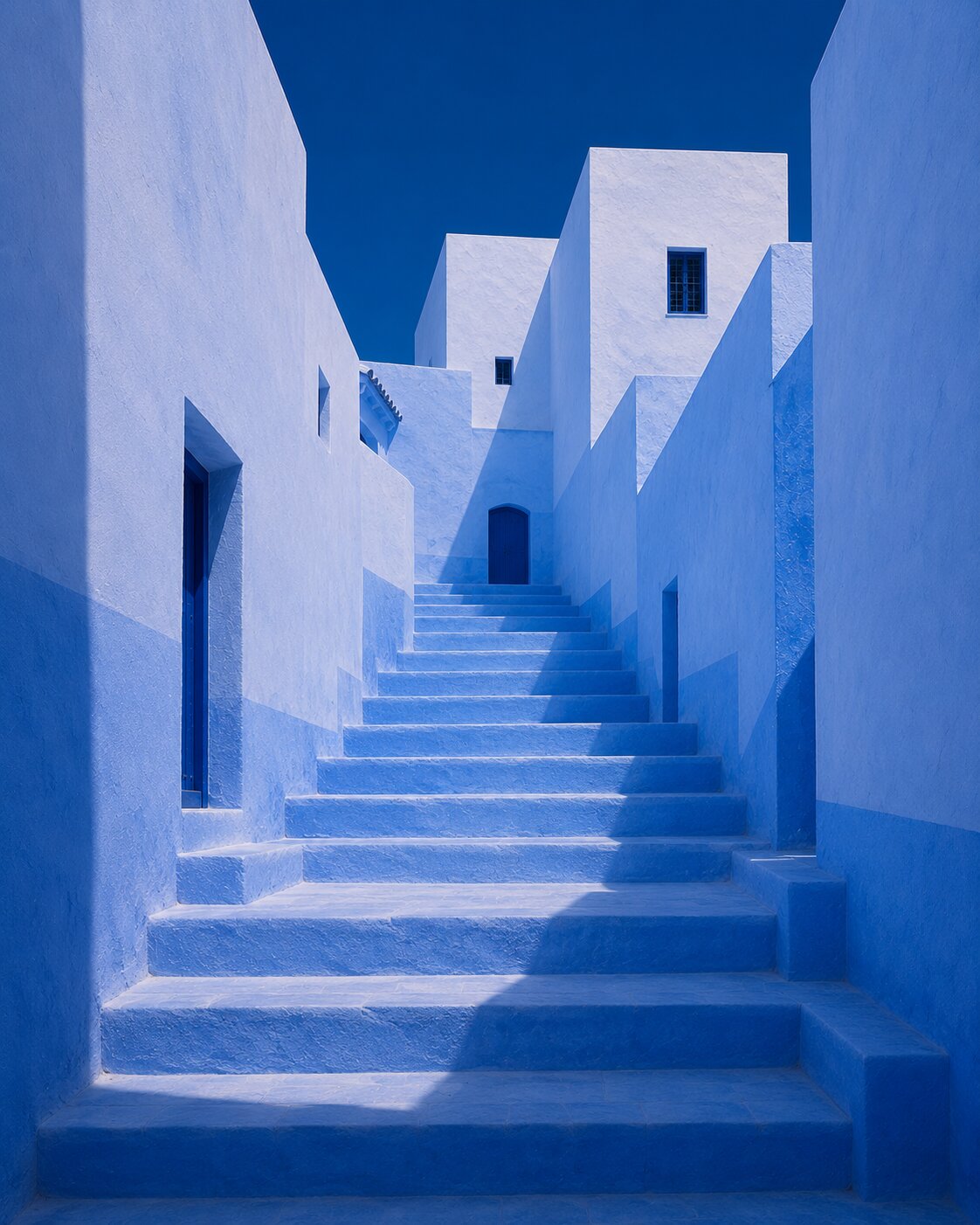 Narrow blue Chefchaouen stairway between tall white and blue façades.