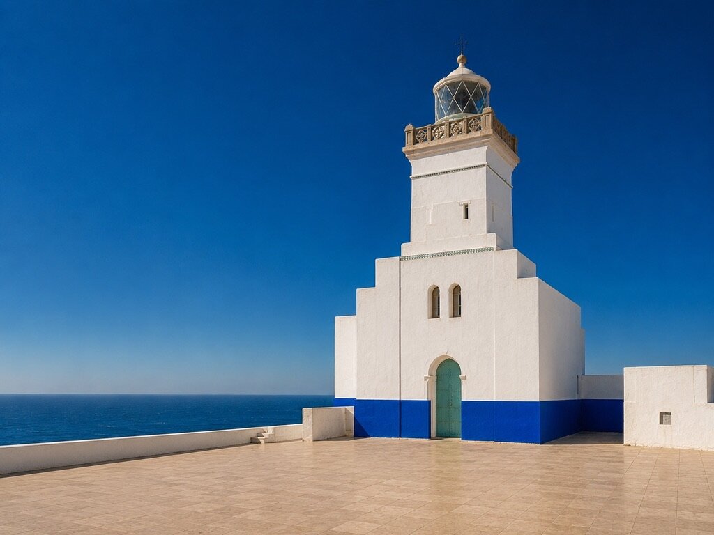 Phare blanc au soubassement bleu cobalt face à la mer, porte vert d'eau, esplanade claire sous un ciel profond