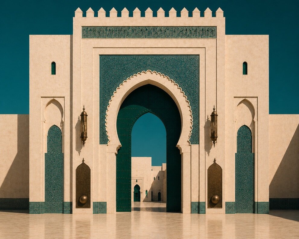 Porte monumentale marocaine ouverte sur une succession d'architectures minimalistes.