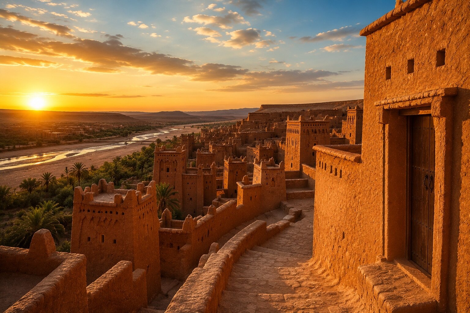 Aït-Ben-Haddou et sa vallée baignés par la lumière dorée du coucher du soleil