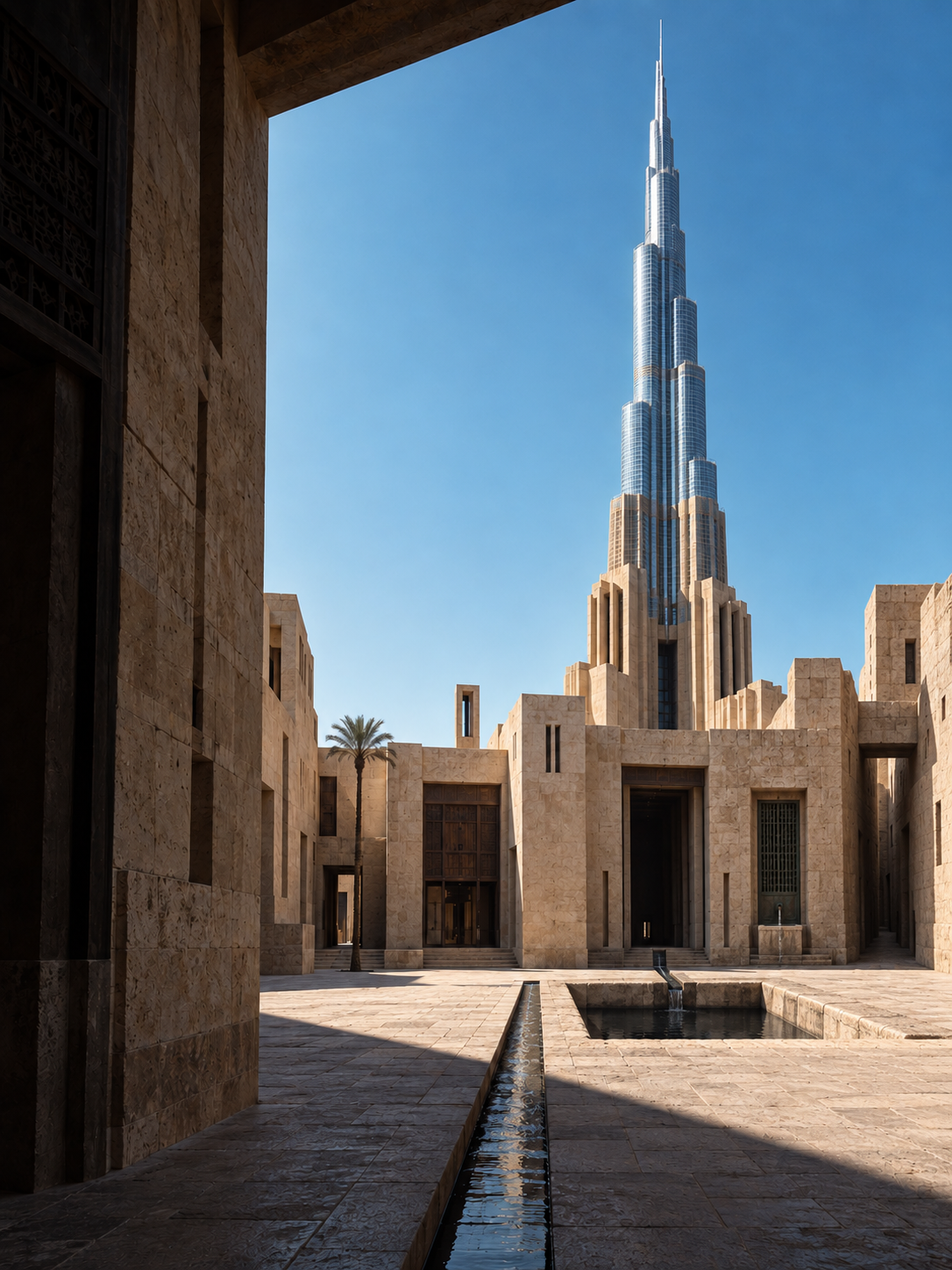 Burj Khalifa framed from an ochre Cairene courtyard crossed by a narrow water channel, shaded passages and palm trees.