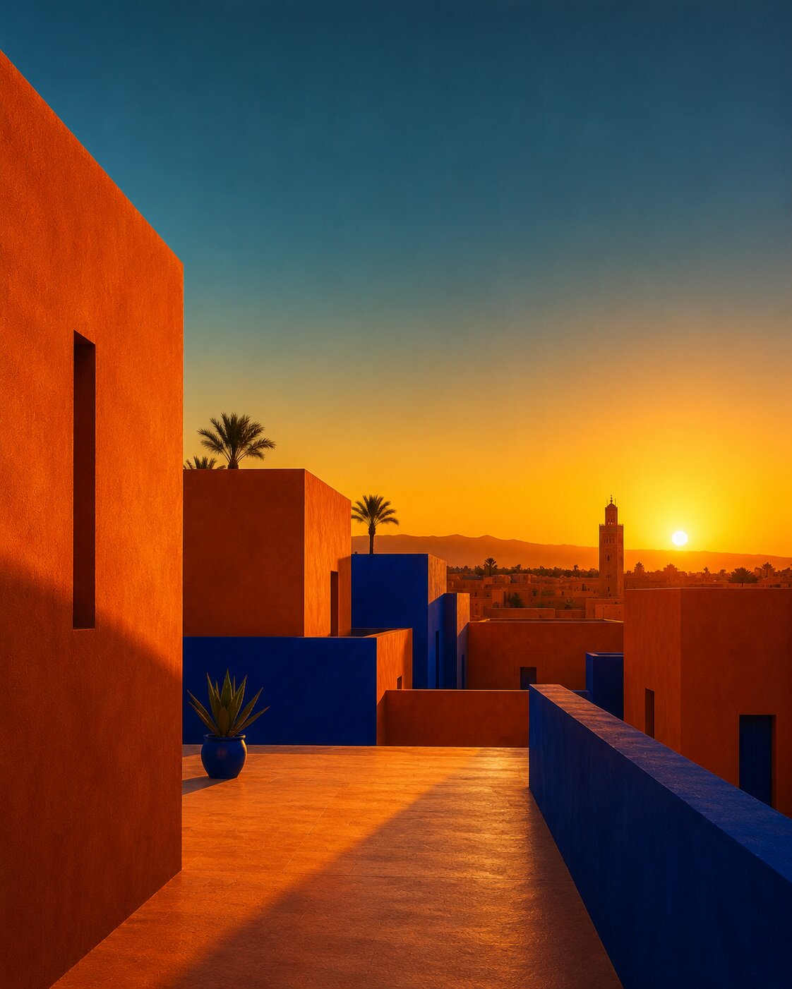 Toits de Marrakech au coucher du soleil, silhouette de la Koutoubia contre un ciel orange et bleu, volumes géométriques en terracotta