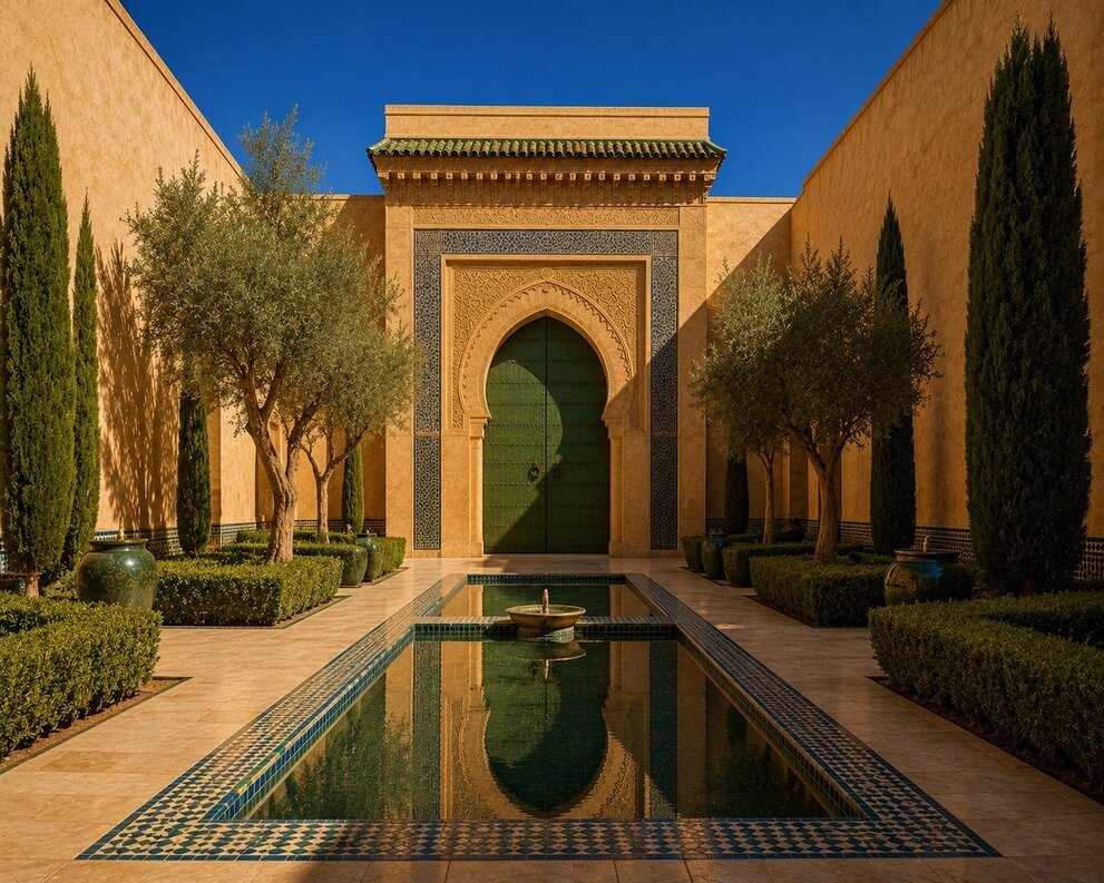 Jardin géométrique de Meknès avec bassin central, cyprès, oliviers et porte monumentale.