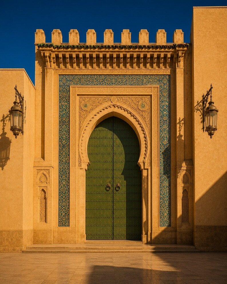 Grande porte verte encadrée de motifs géométriques et éclairée par une ombre architecturale.