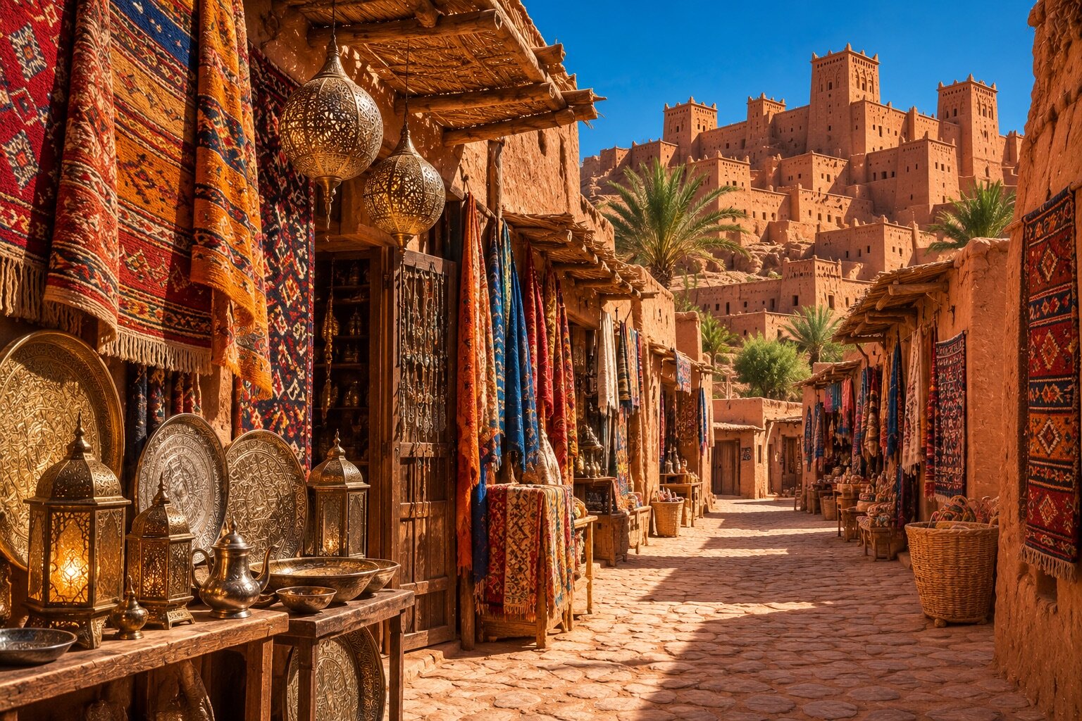 Tapis, lanternes et artisanat marocain dans les ruelles d'Aït-Ben-Haddou