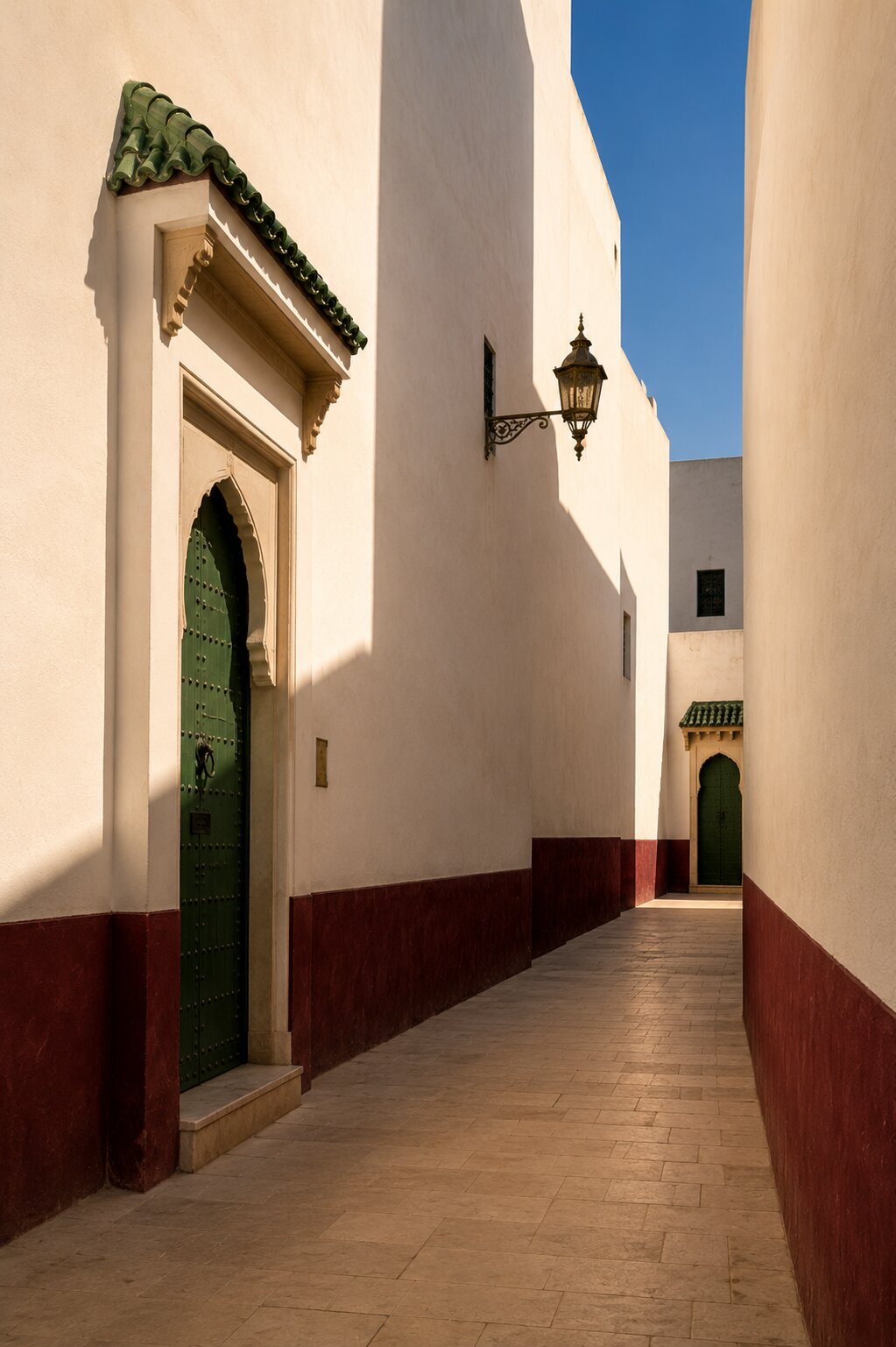 Narrow white Rabat alley with green doors, a black lantern and burgundy lower walls.