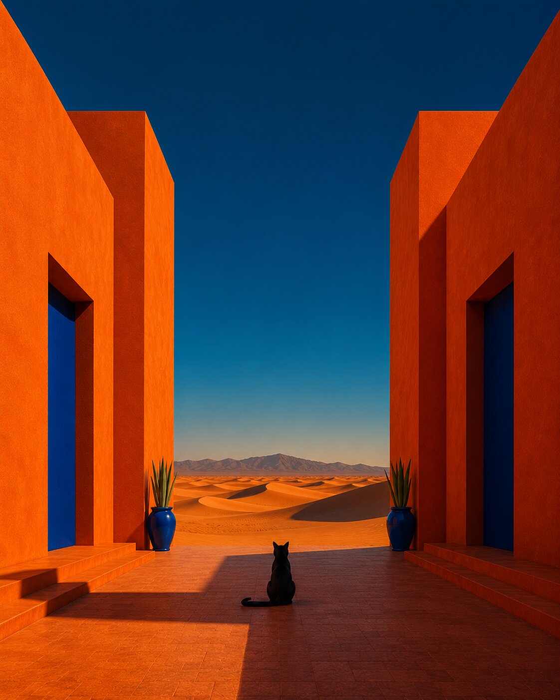 Chat noir assis face au désert, vu depuis un patio orange encadré par deux volumes architecturaux, dunes et montagnes à l'horizon