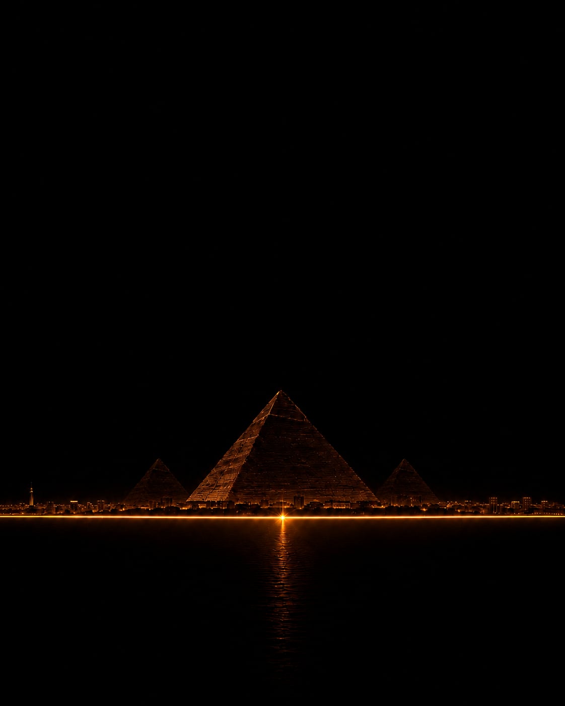 Les trois pyramides de Gizeh émergeant faiblement d'une ligne orange dans un vaste paysage noir.