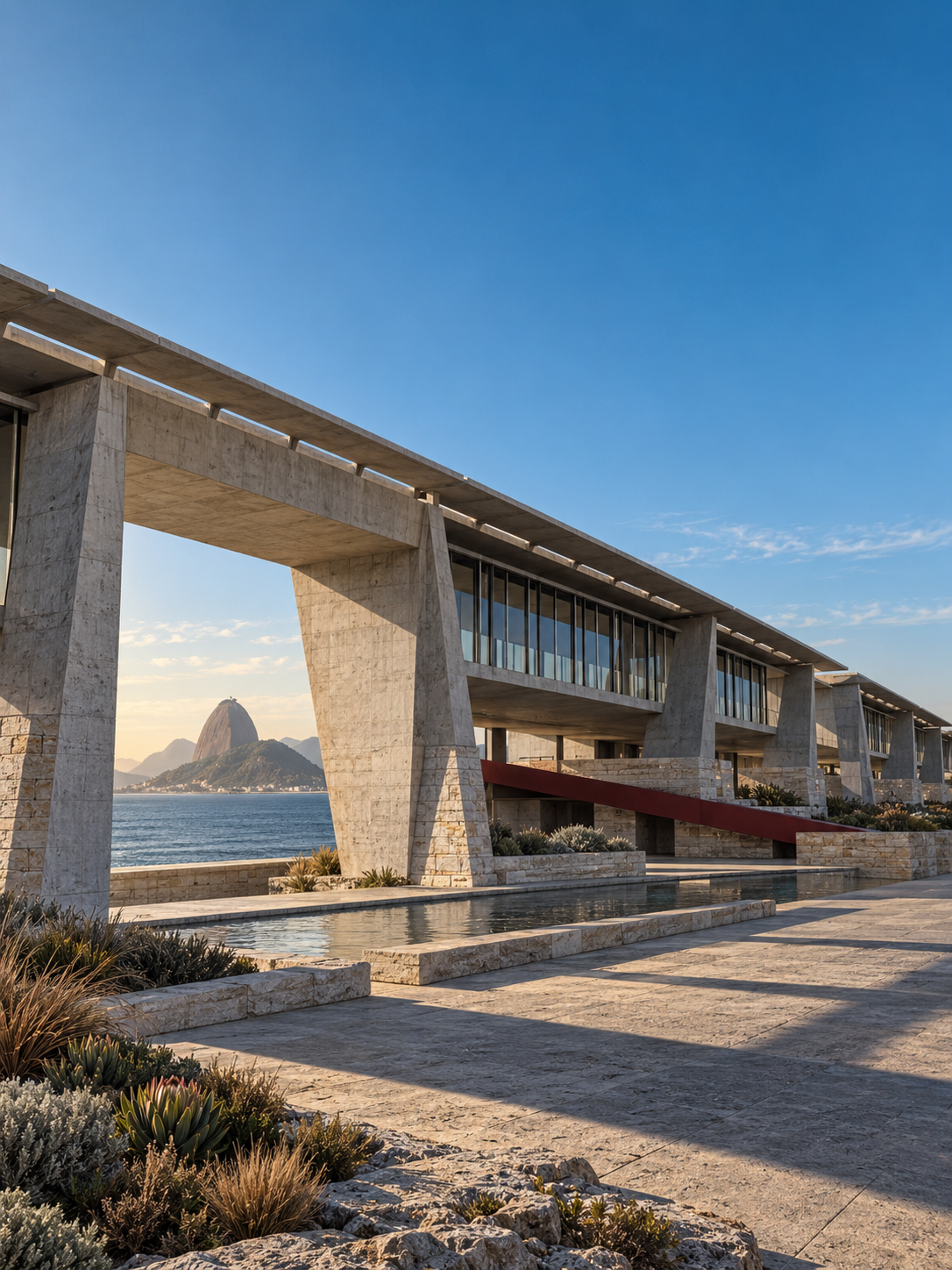 A long modernist gallery of concrete and stone opening to the ocean, framing Sugarloaf Mountain above a fynbos garden.