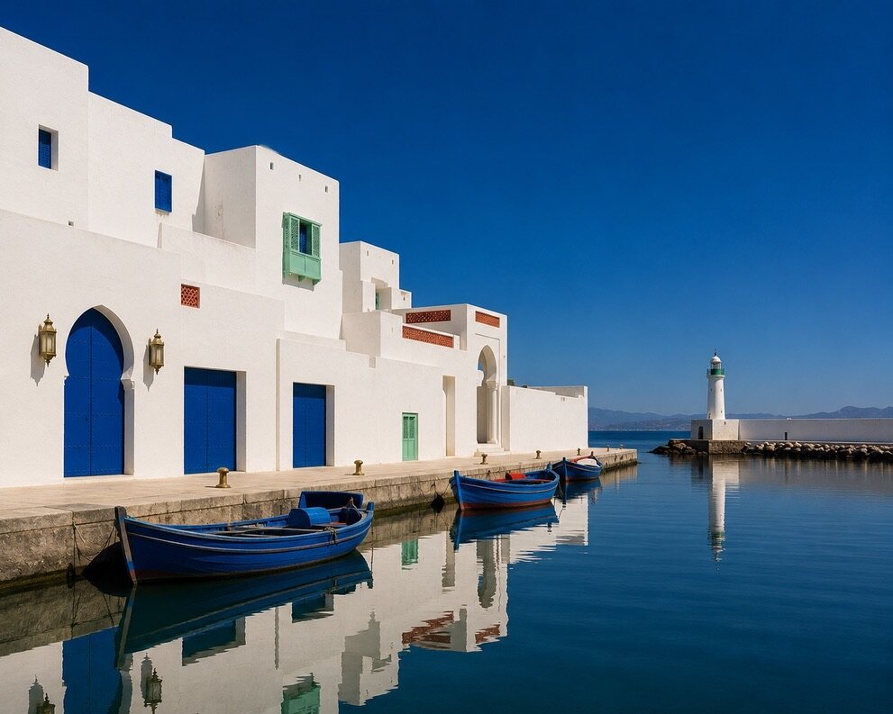 Port calme de Tanger, barques bleues amarrées le long des façades blanches, phare blanc au bout de la jetée