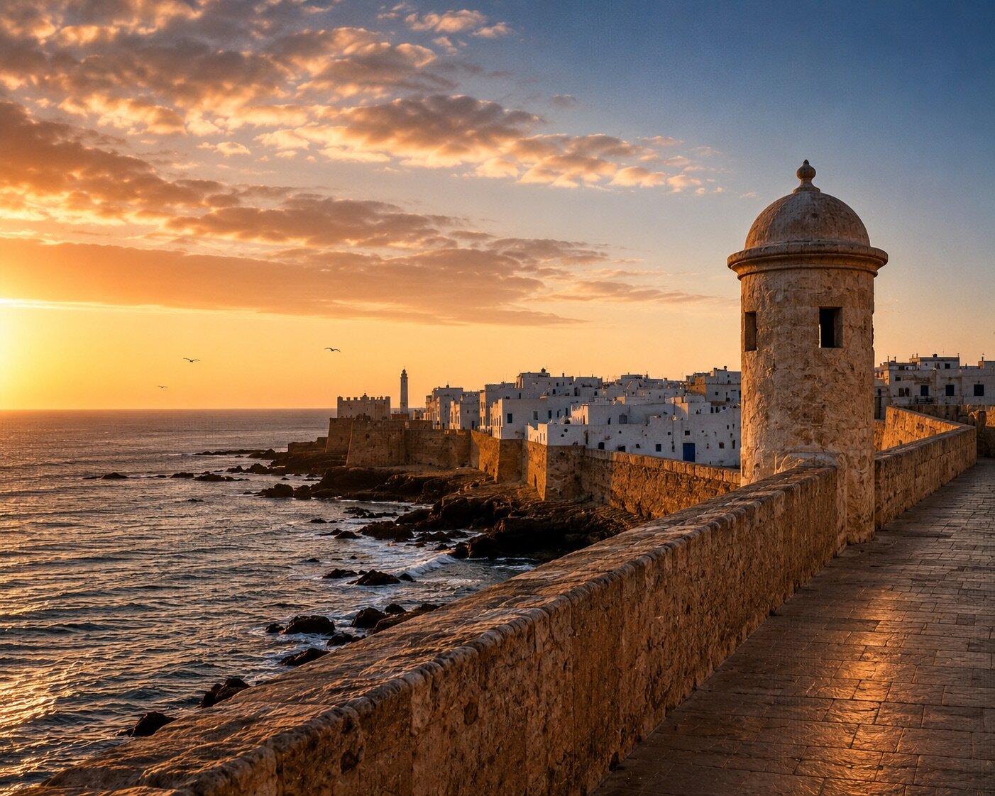 Remparts d'Essaouira baignés par la lumière dorée du coucher du soleil au-dessus de l'Atlantique.