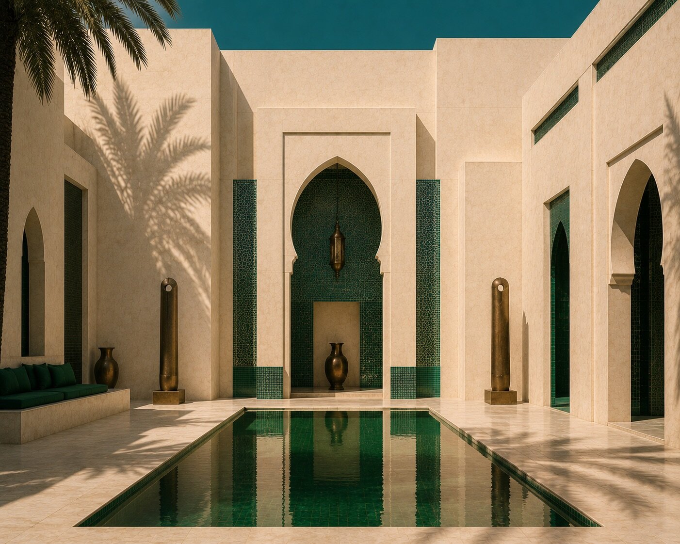 Patio marocain avec bassin vert réfléchissant, architecture ivoire et ombres de palmier.