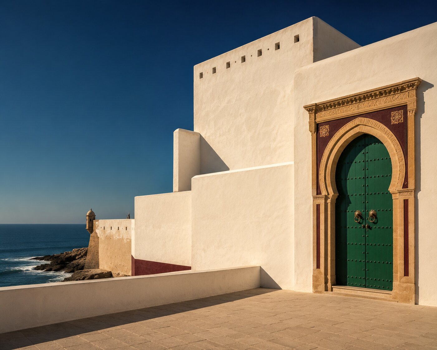 Green door of Rabat’s Kasbah of the Udayas, with white walls and the Atlantic beyond.