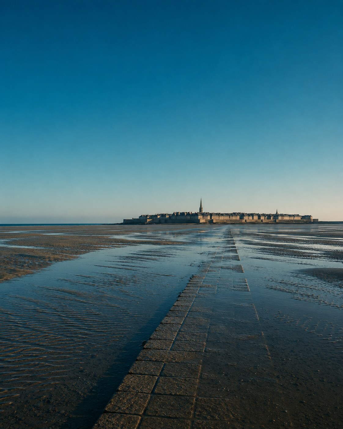 Saint-Malo réduit à une fine bande architecturale à l'horizon, une chaussée de granit traversant un immense estuaire graphique à marée basse.