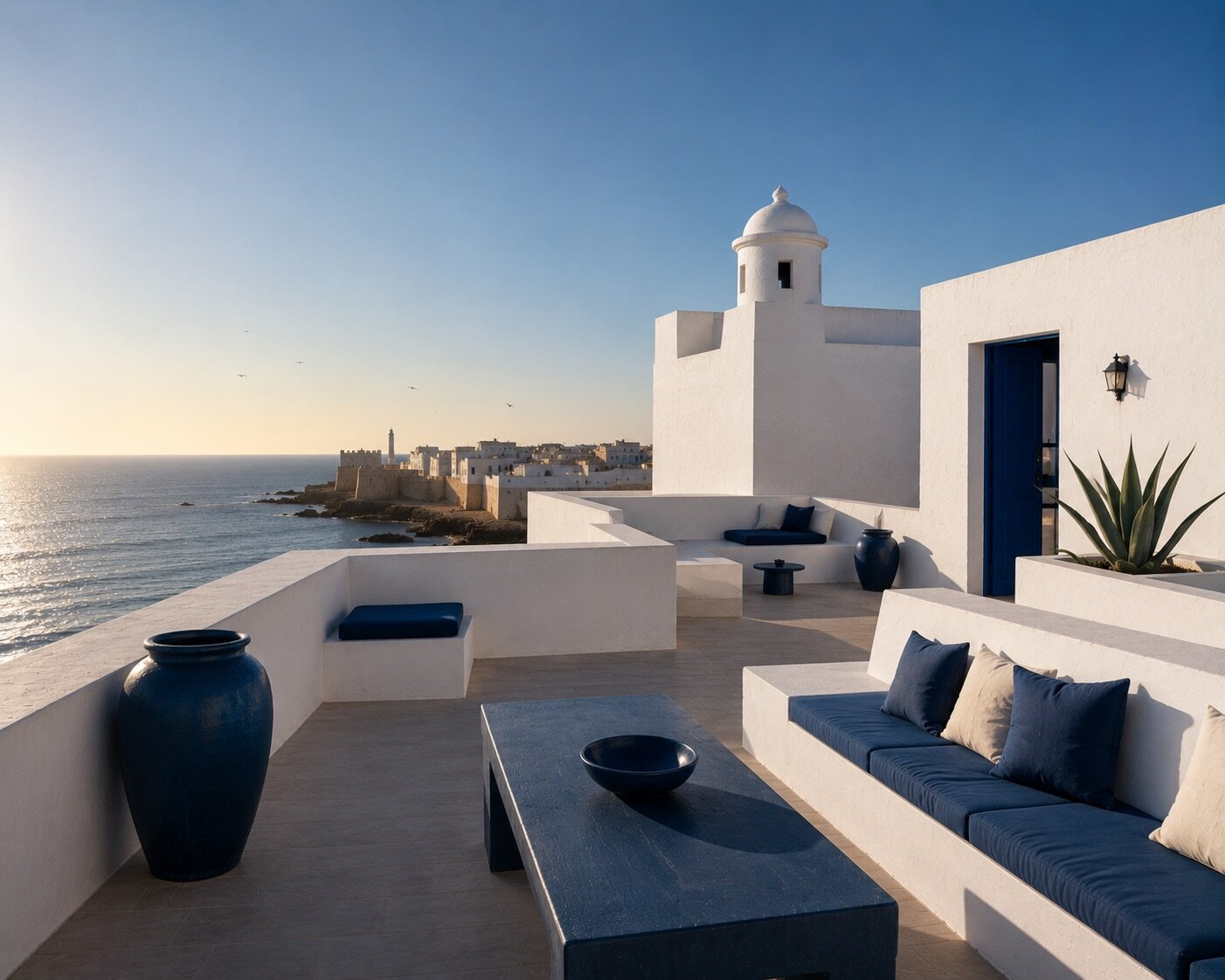 Terrasse blanche contemporaine surplombant l'océan et les remparts d'Essaouira, ponctuée de mobilier bleu profond.