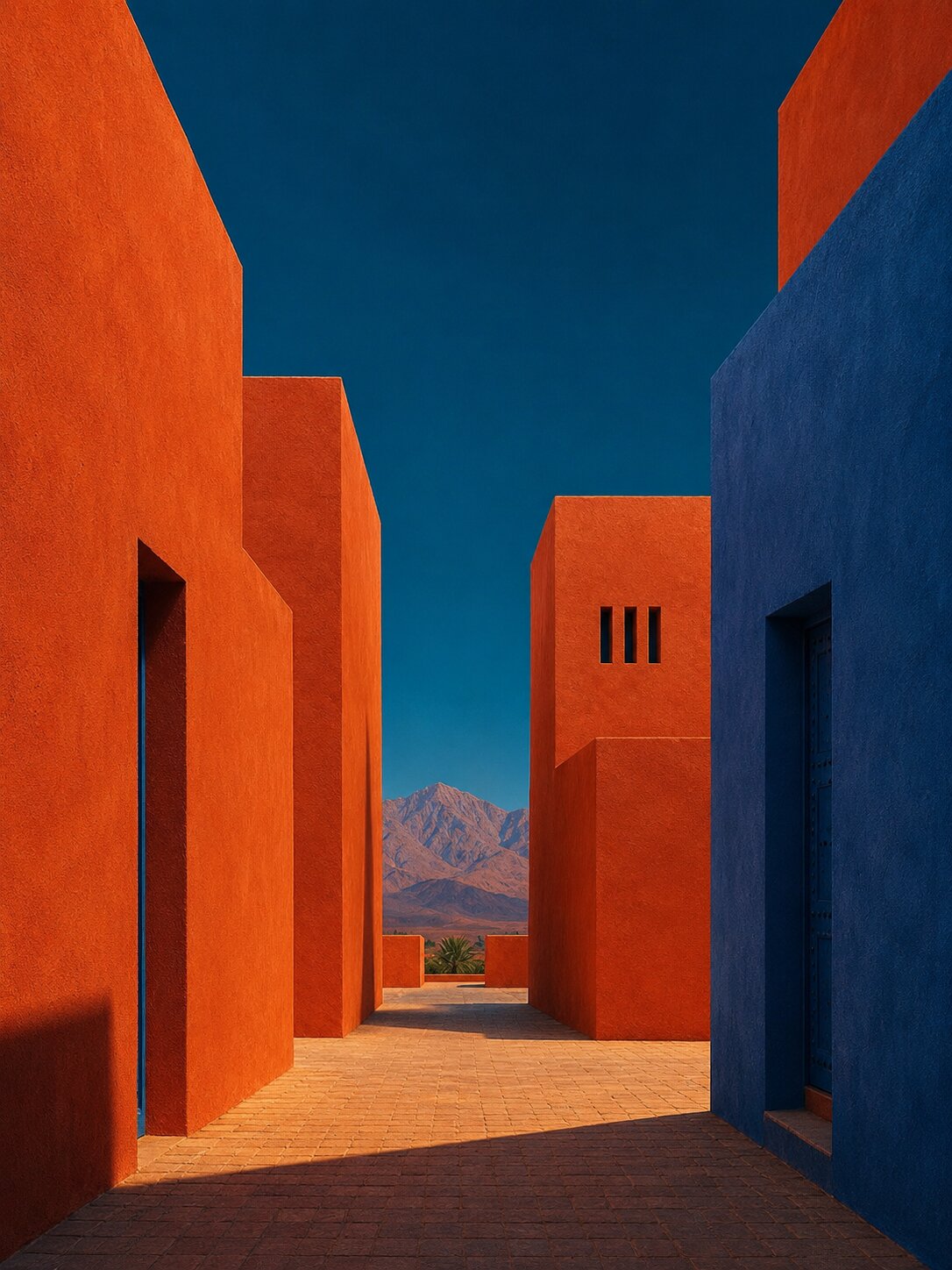 Passage architectural en terracotta et bleu cobalt s'ouvrant sur les montagnes de l'Atlas, lignes de fuite vers l'horizon