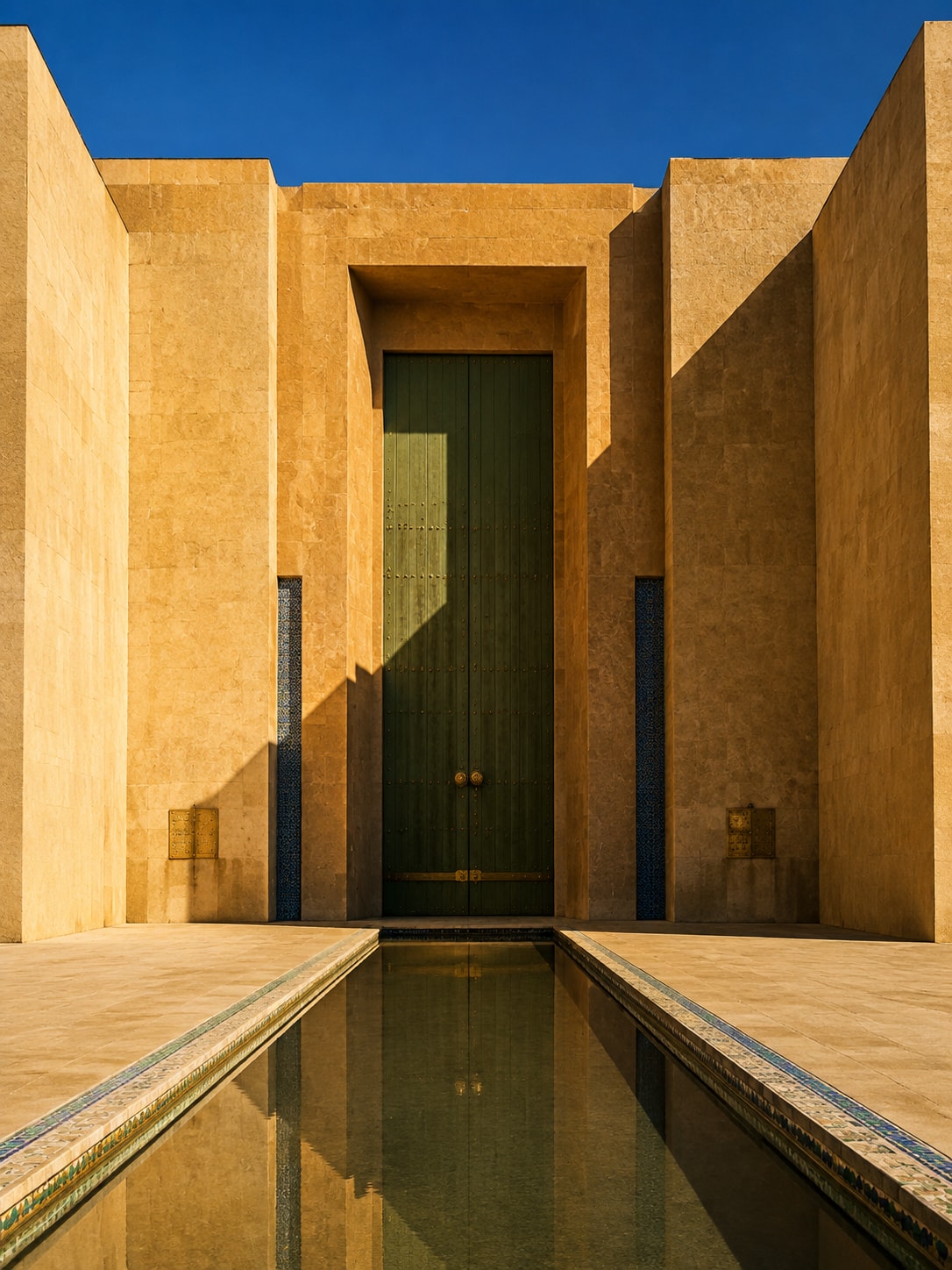 Architecture palatiale contemporaine de Meknès avec bassin réfléchissant, pierre claire, détails bordeaux et portes vertes.